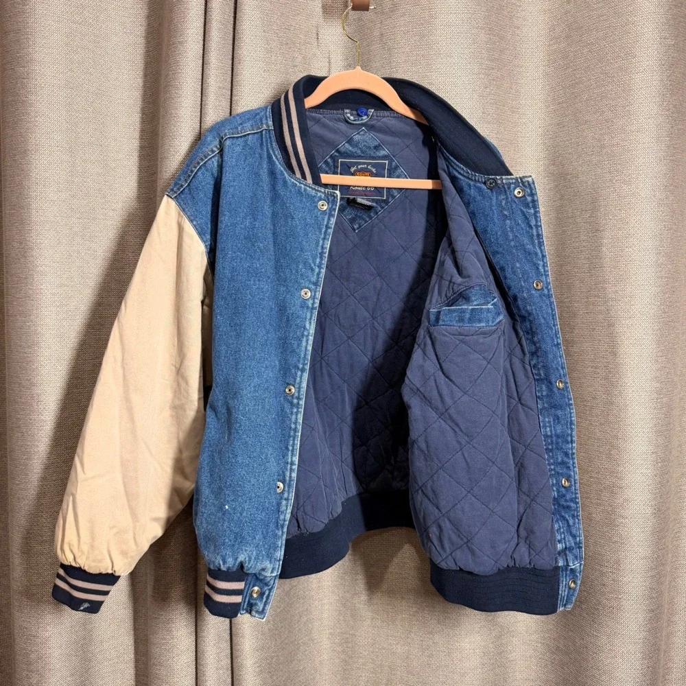 Route 66 Denim Varsity Jacket Mens Large Blue Tan Good Quilted Bomber barn